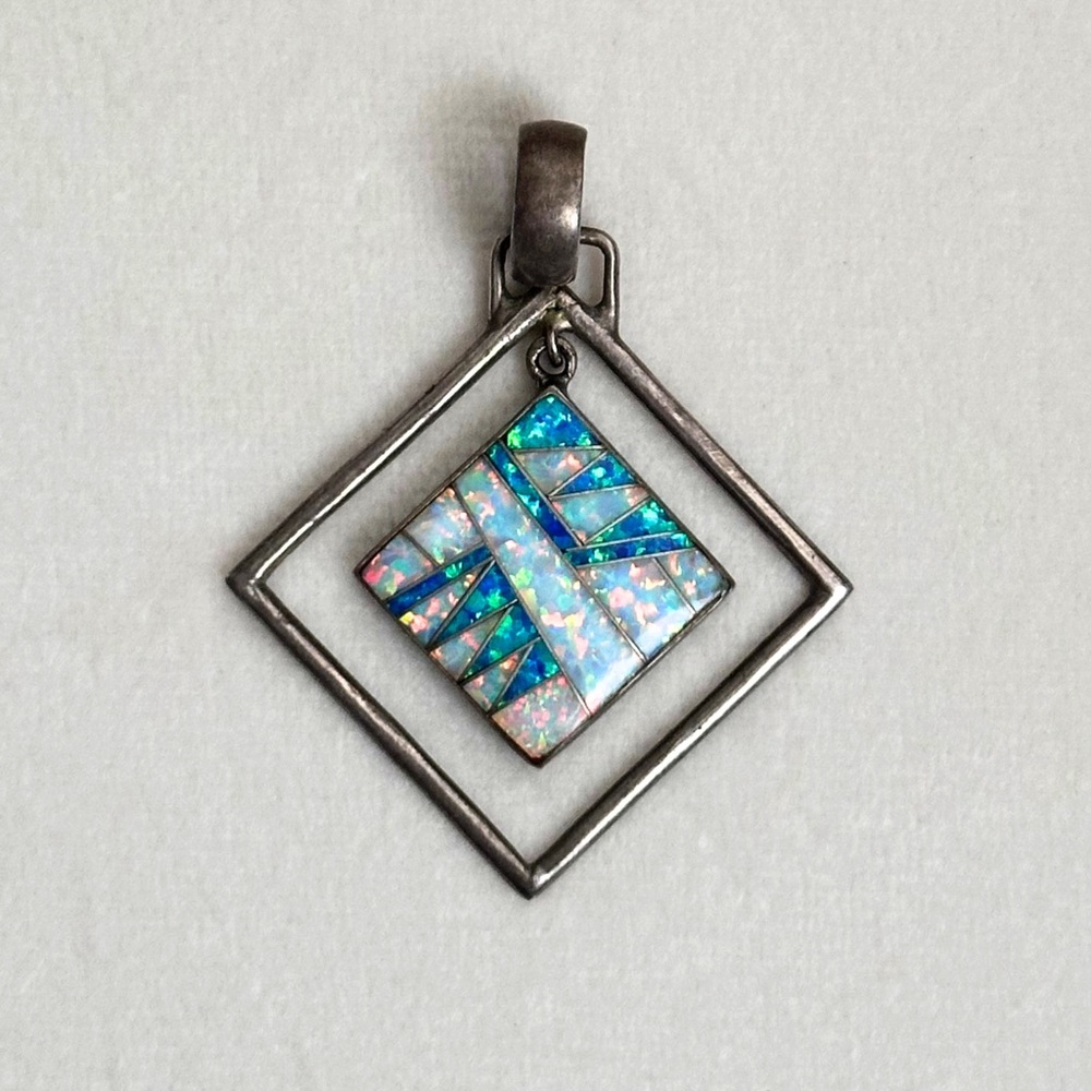 Hallmarked Vintage Opal and Sterling Inlay Pendant